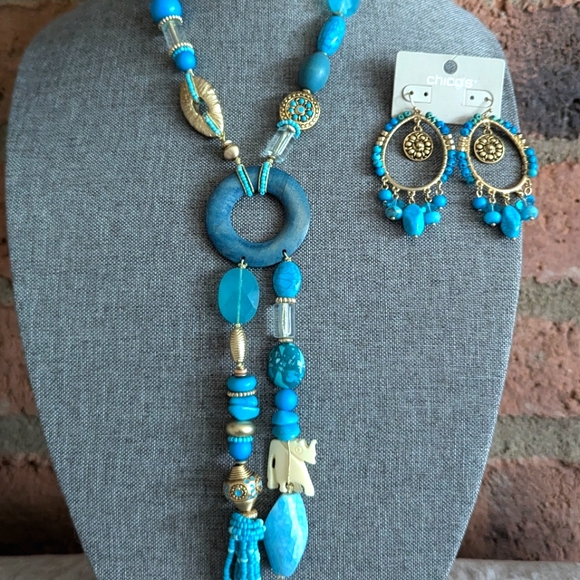 Chico's Turquoise Bohemian Pendant Necklace & Earring Set - Picture 2 of 5